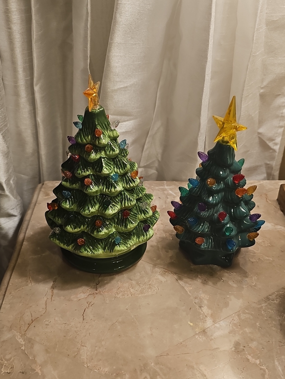 2 Vintage Ceramic Green Holiday Tree with Star Top Battery Operated 7.5" And 8"